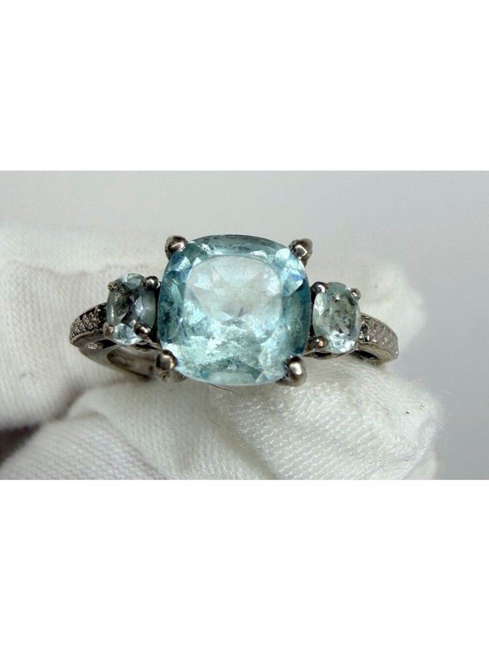 QJ 925 Sterling Silver Ring Three Stone Blue Topaz Aquamarine Cushion India Sz 7